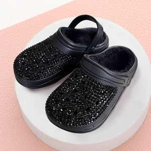 Black Bling Rhinestone Crystal Fur Slip On Croclike Slides Rubber Clogs Sandals
